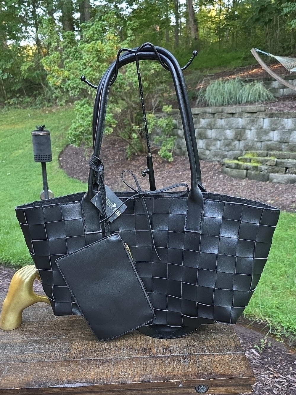 Steve Madden Black Woven Tote with Zip Pouch